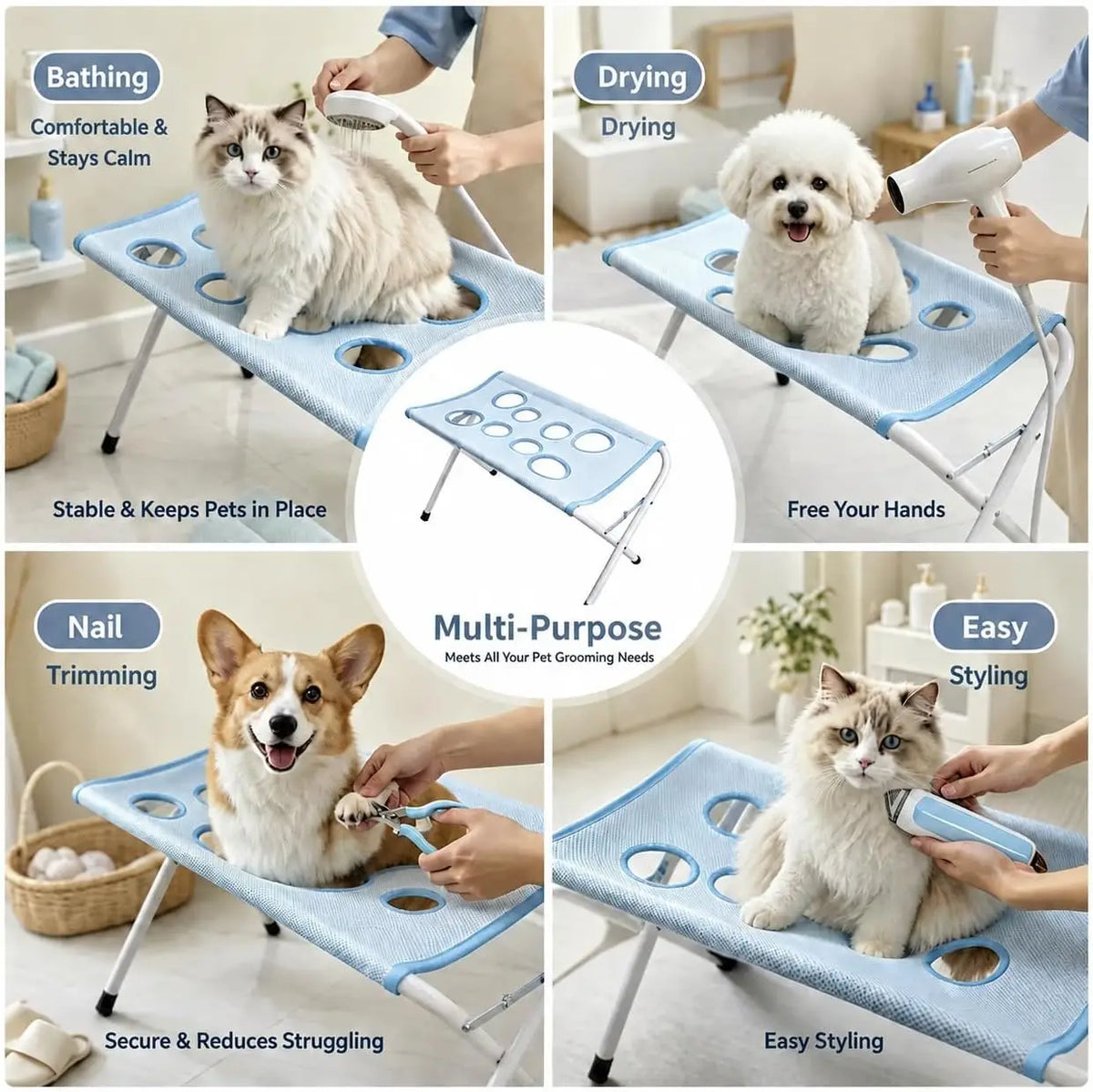 Foldable stand with a grooming hammock ™